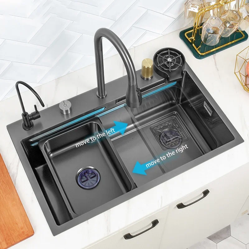 Black Nano Kitchen Sink 304 Stainless Steel Waterfall Sink Basin Large Single Bowl With Multifunction Touch Waterfall Faucet 6