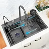 Black Nano Kitchen Sink 304 Stainless Steel Waterfall Sink Basin Large Single Bowl With Multifunction Touch Waterfall Faucet 6