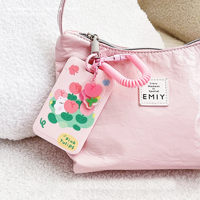 Ins Style Tulip Card Set Cute Elastic Rope Student School Card Bus Meal Card Protection Set Key Chain Work Card ID Set 6