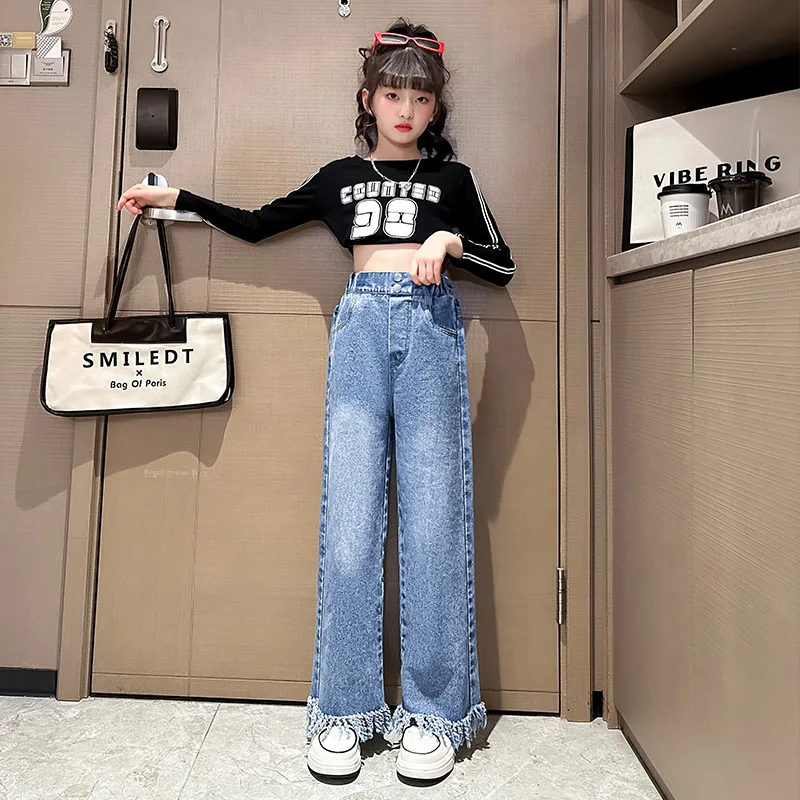 Teen Girls Wide Leg Pants for Korean Straight Fashion Tassel Design Spring Fall Hot Sales Children Vintage Denim Trousers 10 12Y