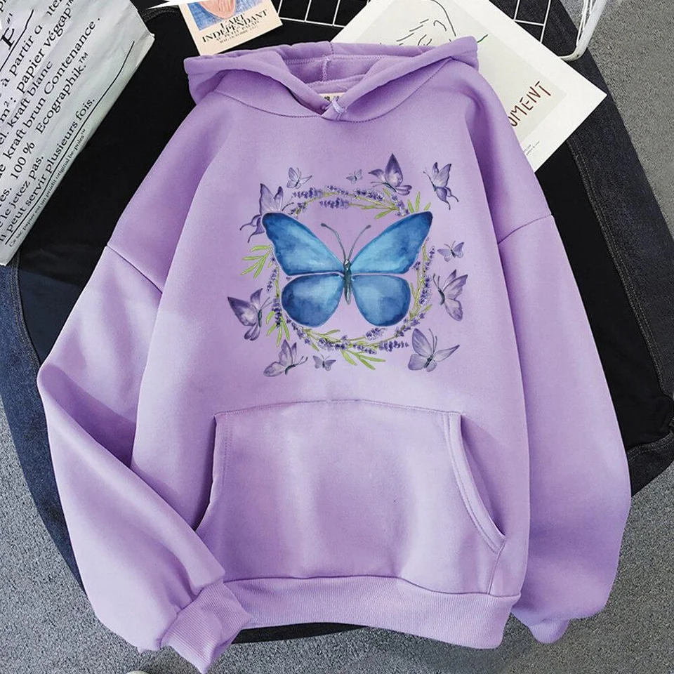 Sweat A Capuche Femme Imprimé Papillon Violet Sweatshirts Oversize Avec Poche Large Hoodie à Manches Longues Cordon De Serrage Mode Pull Automne Hiver Chaud Fantaisie Motif Sweater (White, S