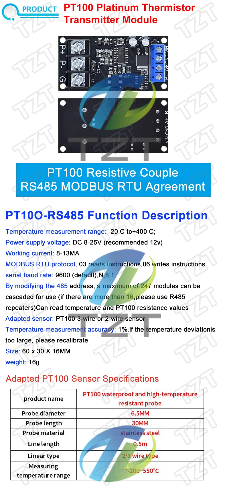 TZT PT100 Platin Thermowiderstand RTD Temperatursensoren Sender RS485 MODUBS RTU Modul – Detail 1