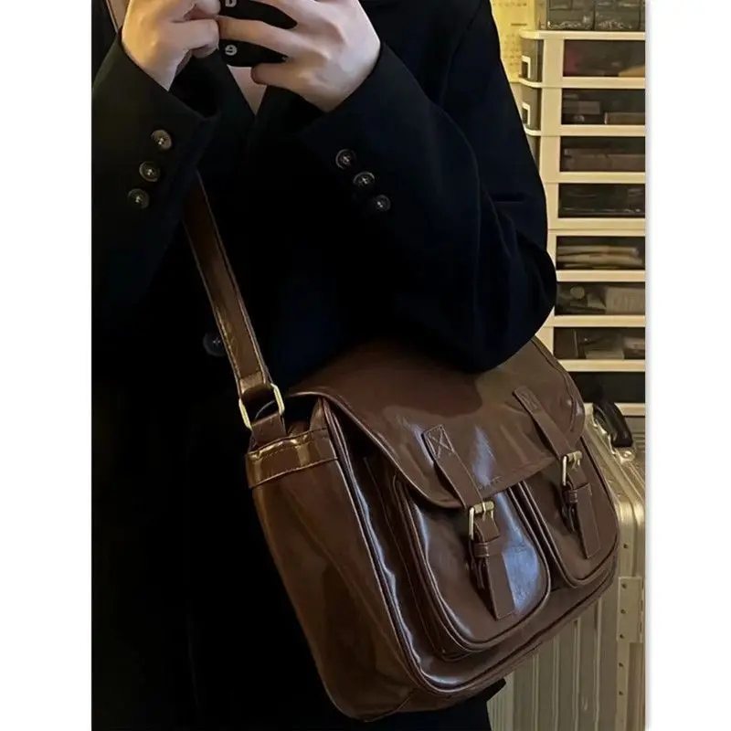 JIAERDI Large Capacity Brown Messenger Bag Women Vintage Soft Chic Pu Leather Handbag Female Harajuku Casual Crossbody Bags New