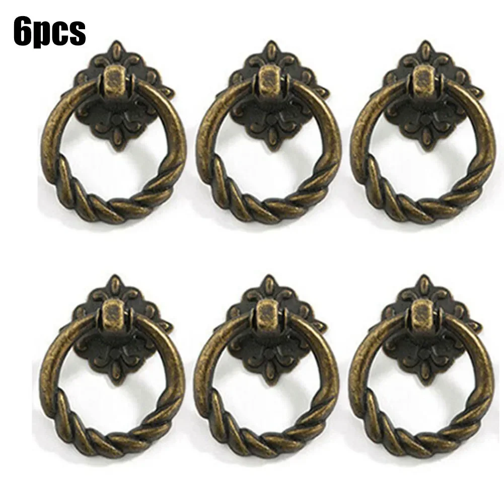 Retro Vintage Cabinet Door Handle Pulls Antique Copper Cupboard Ring Handles Chinese Brass Drawer Pulls Furniture Decor 6 PCS furniture handles kitchen door handles