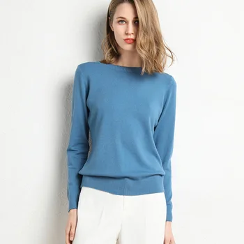 Women Slim O-Neck Solid Pullover Cashmere Wool Blending Sweater Autumn And Winter Long-Sleeved Knit Bottoming Shirt Large Size 1