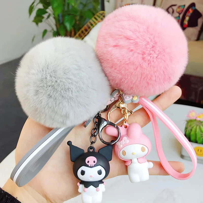 Key Chain Hello Kitty Sanrio Kuromi Penguin Frog Dog Cat Fluffy Rabbit Fur Ball Women Girl Bag Pendant Gifts