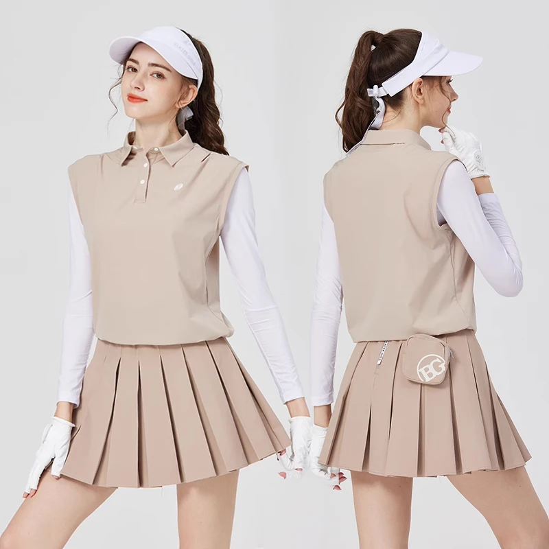New Golf Clothes BG Women's Top Ice Silk Long-sleeved Sunscreen Fake Two-piece Loose Shirt Tennis Pleated Skirt Ladies Golf Wear