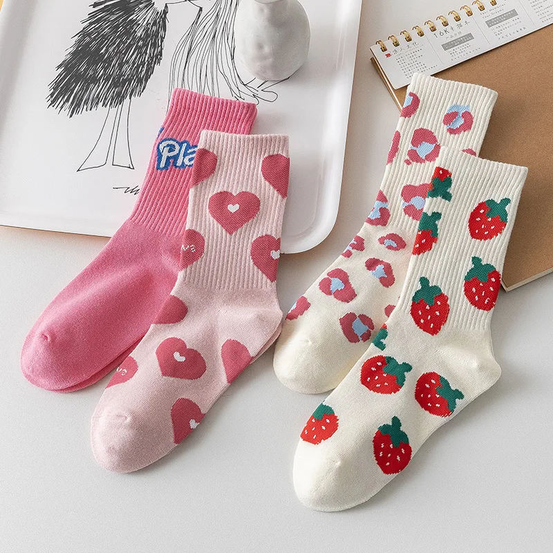 

Spring Autumn Pink Letter Love Strawberry Socks Women Fashion Versatile Japanese Cute Ins Trendy Long Socks Medium Socks