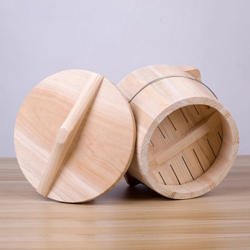 Kitchen Tool Portable Natural Wooden Steaming Rice Bucket With Lid Steamed Rice Barrel Canteen Restaurant Steamer