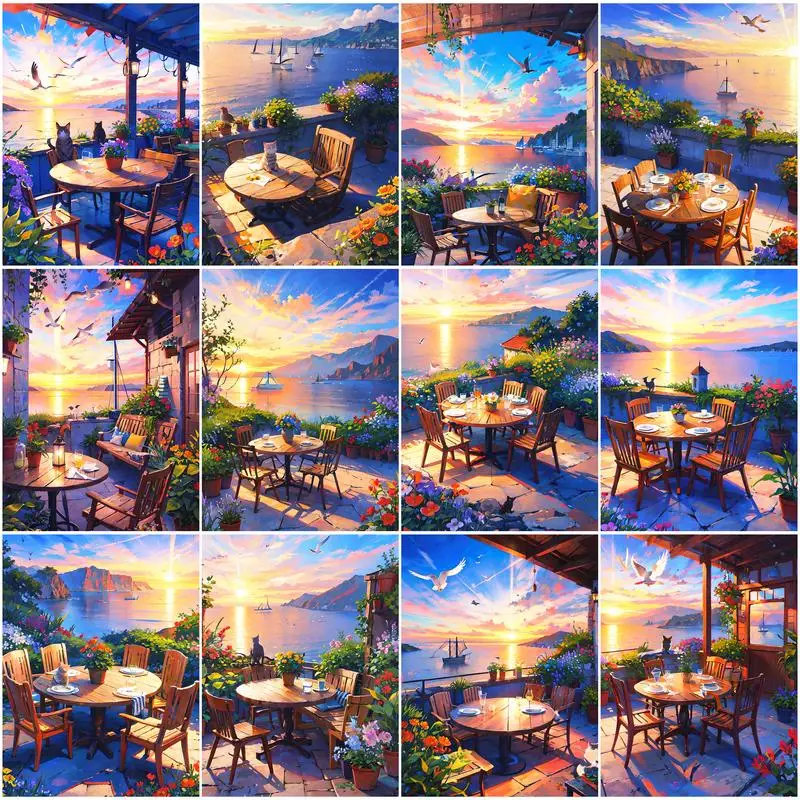 

RUOPOTY Oil Painting By Number Outdoor Dining Table Original Gift Painting By Number Scenery Painting Unique Gift