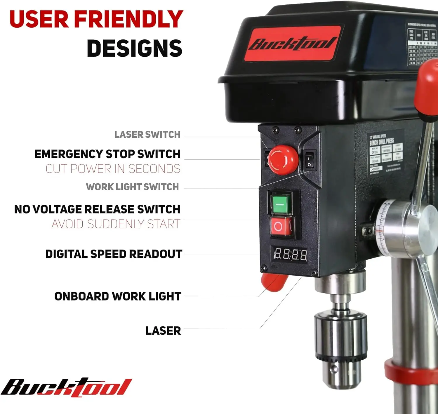 12 INCH 6.2A Professional Bench Drill Press 3/4HP Powerful Benchtop Drill Press Variable Speed with IIIA Laser