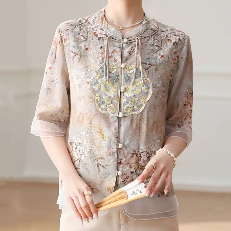 Thin Chiffon T Shirt Women Chinese Summer T-Shirt Blusas Casual Ladies Tshirt Harajuku Camiseta Mujer Top Tee Woman Clothes, women chinese shirt