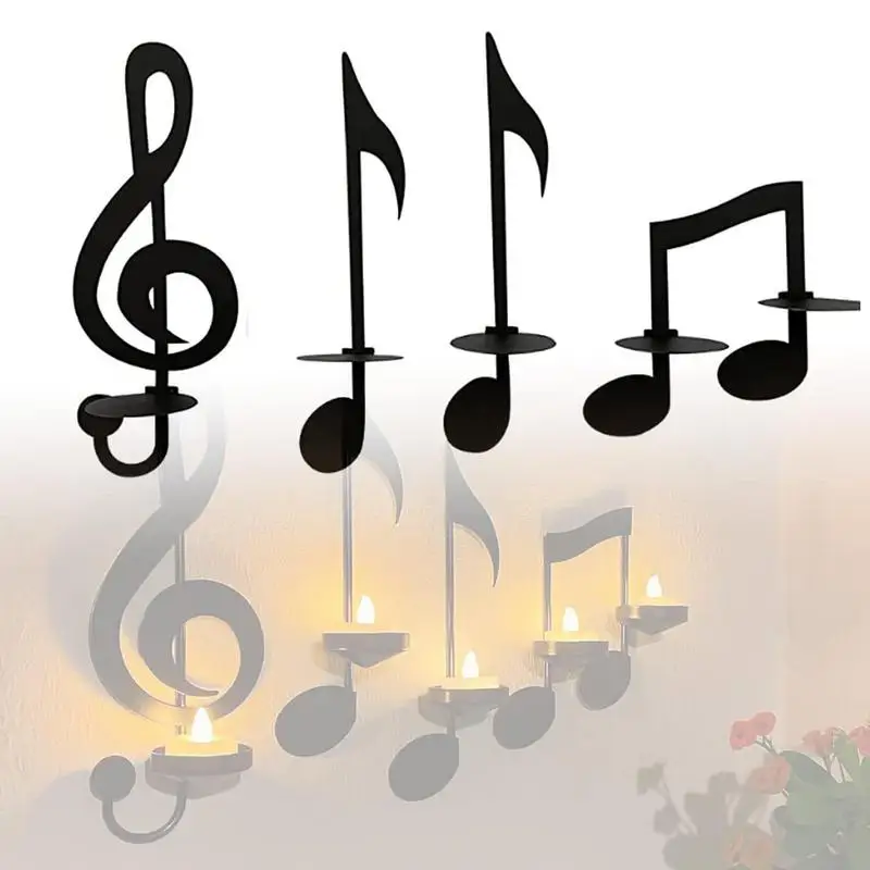 Music Note Wall Decor 4 Pcs Iron Candle Holder Decorations Tea Light Candle Rack Musical Symbol Decor For Home Office Classroom