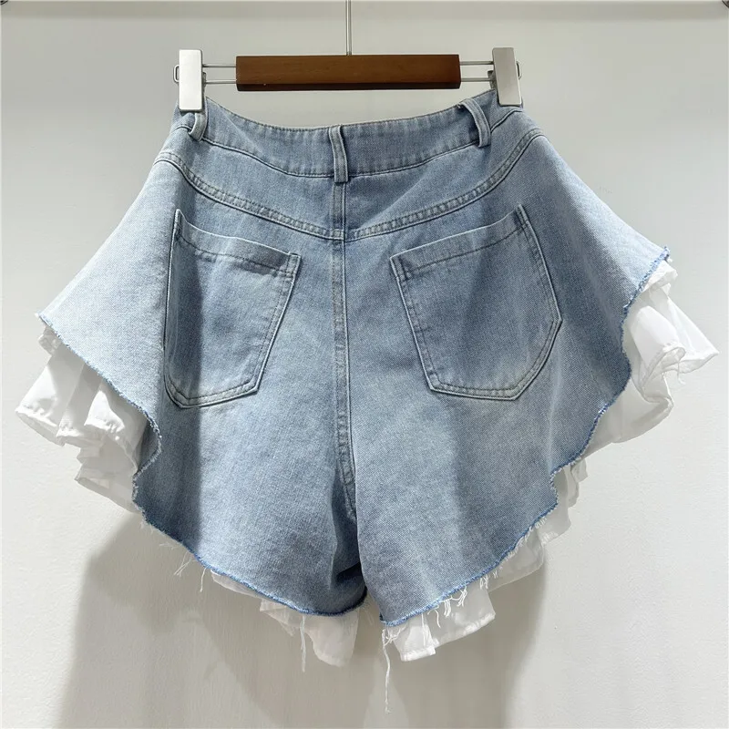 WTHT New Fashion Women's Patchwork Hem Wash Denim Shorts 2025 Summer Trendy High Waist A-line Short Pants Female 1LS1393 5