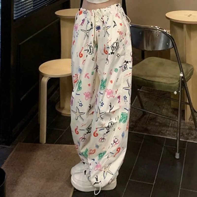 American Retro Hip Hop Women Fun Graffiti Print Sweatpants Spring Summer Thin Fashion High Waist Pockets Loose Straight Trousers graffiti monkey painting monkey art animal art apron chef uniform woman with pockets apron