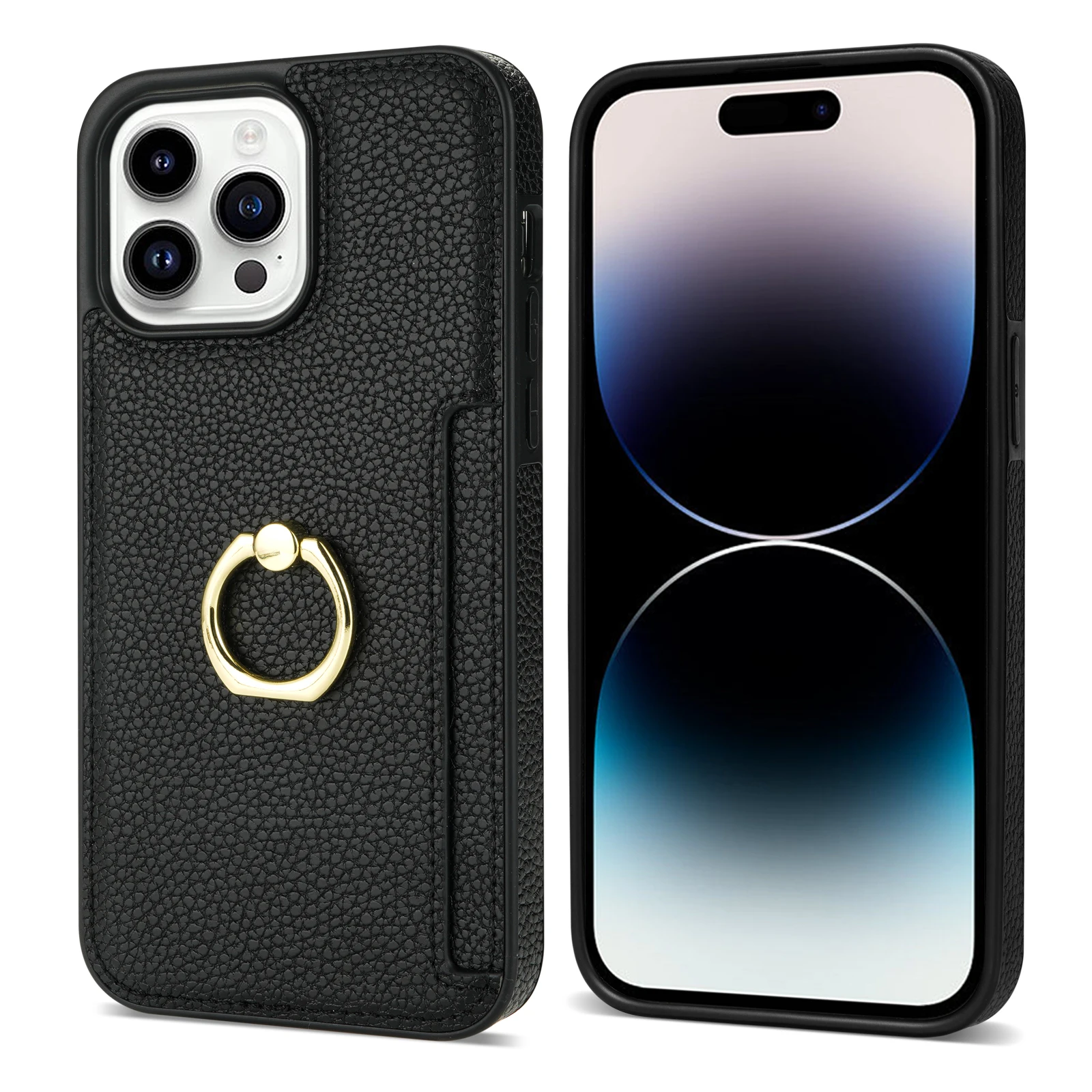 Luxurious Leather Wallet Phone Case with Ring Holder and Card Slot - Litchi Stand Cover
