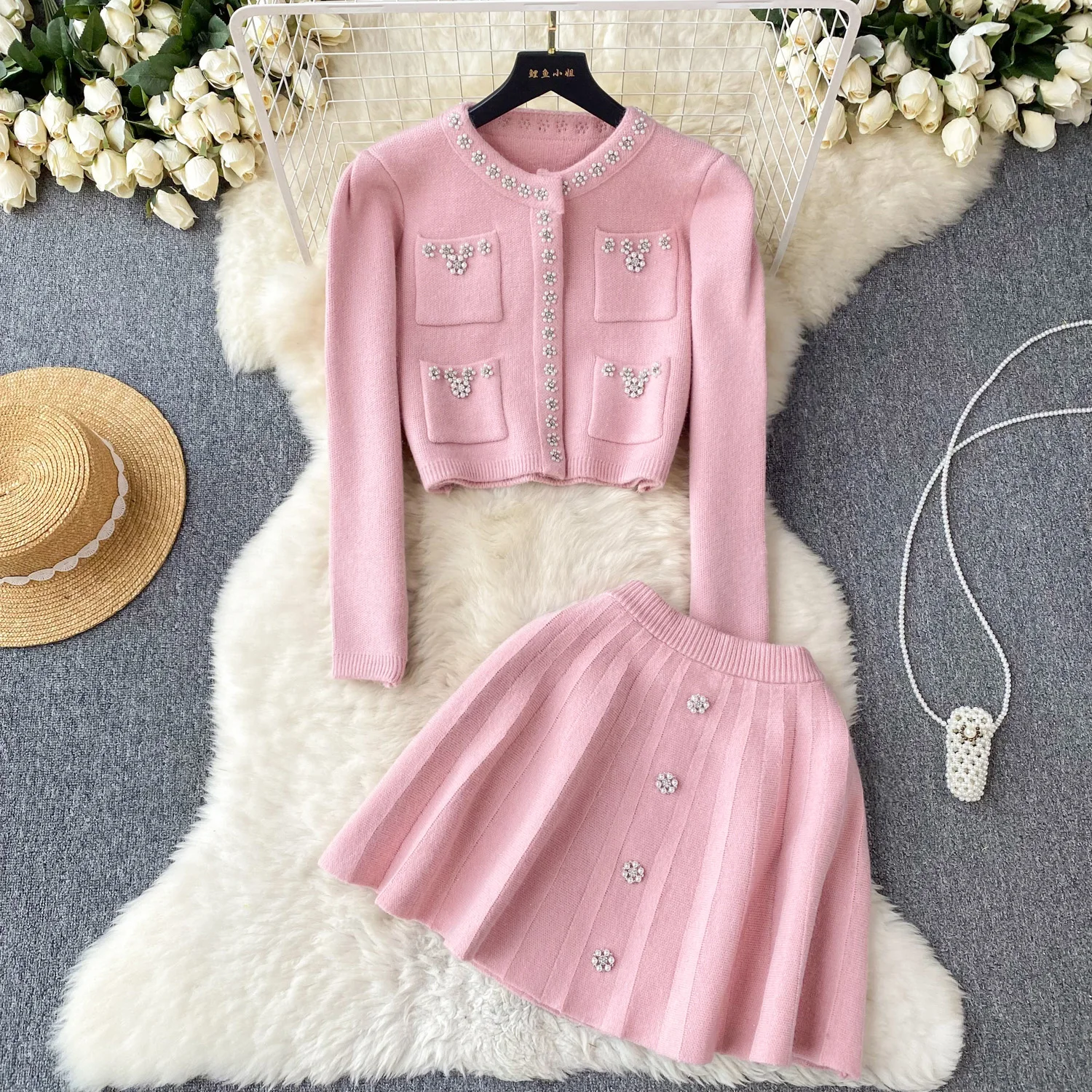 

Women Beaded Rhinestone Knitted Two Piece Sets High Quality Chic Long Sleeve Knitted Cardigan Sweater +Pleated Mini Skirt Suits