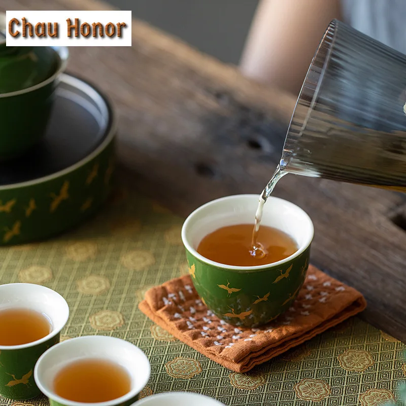 2pc/set Retro Emerald Gold Crane Art Ceramic Tea Cup Large Single Master Cup Household Kung Fu Tea Set Teaware Drinkware 75ml