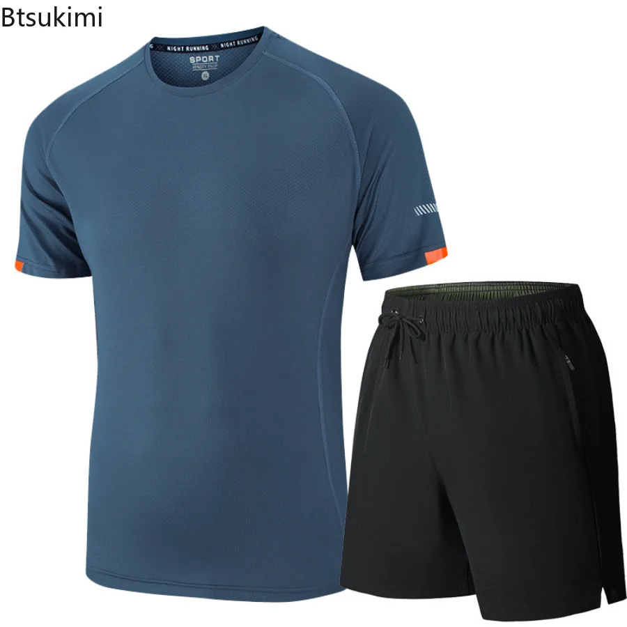 

Men's Summer Tracksuit Set 2 Pieces Casual Sports Suit Sets Quick-drying Summer Clothing with Ice Silk Man Elastic Shorts Sets