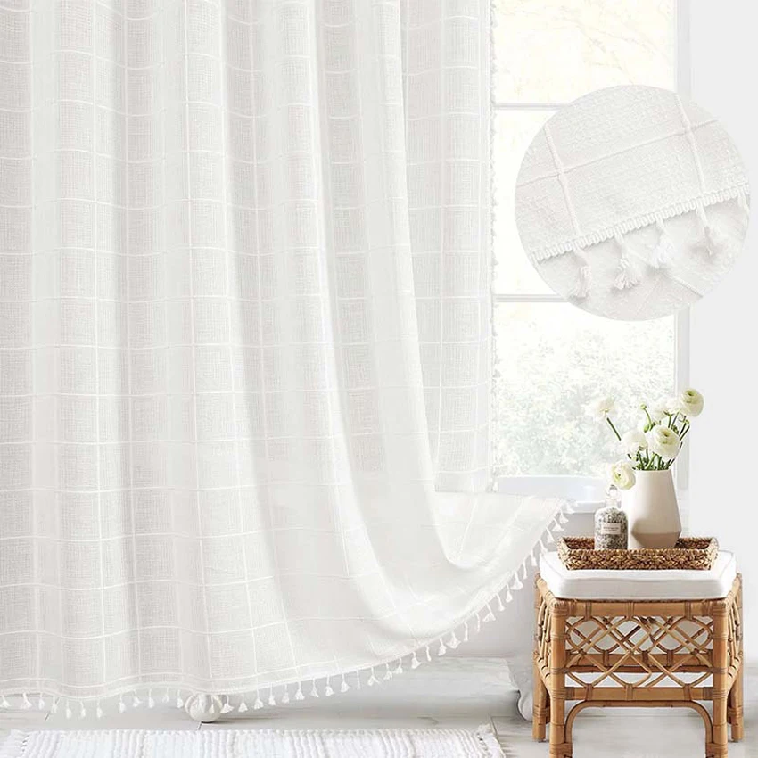 Jacquard Linen Shower Curtain with Tassels Nordic Waterproof Thick Bath Curtain for Bathroom Bathtub with Hooks