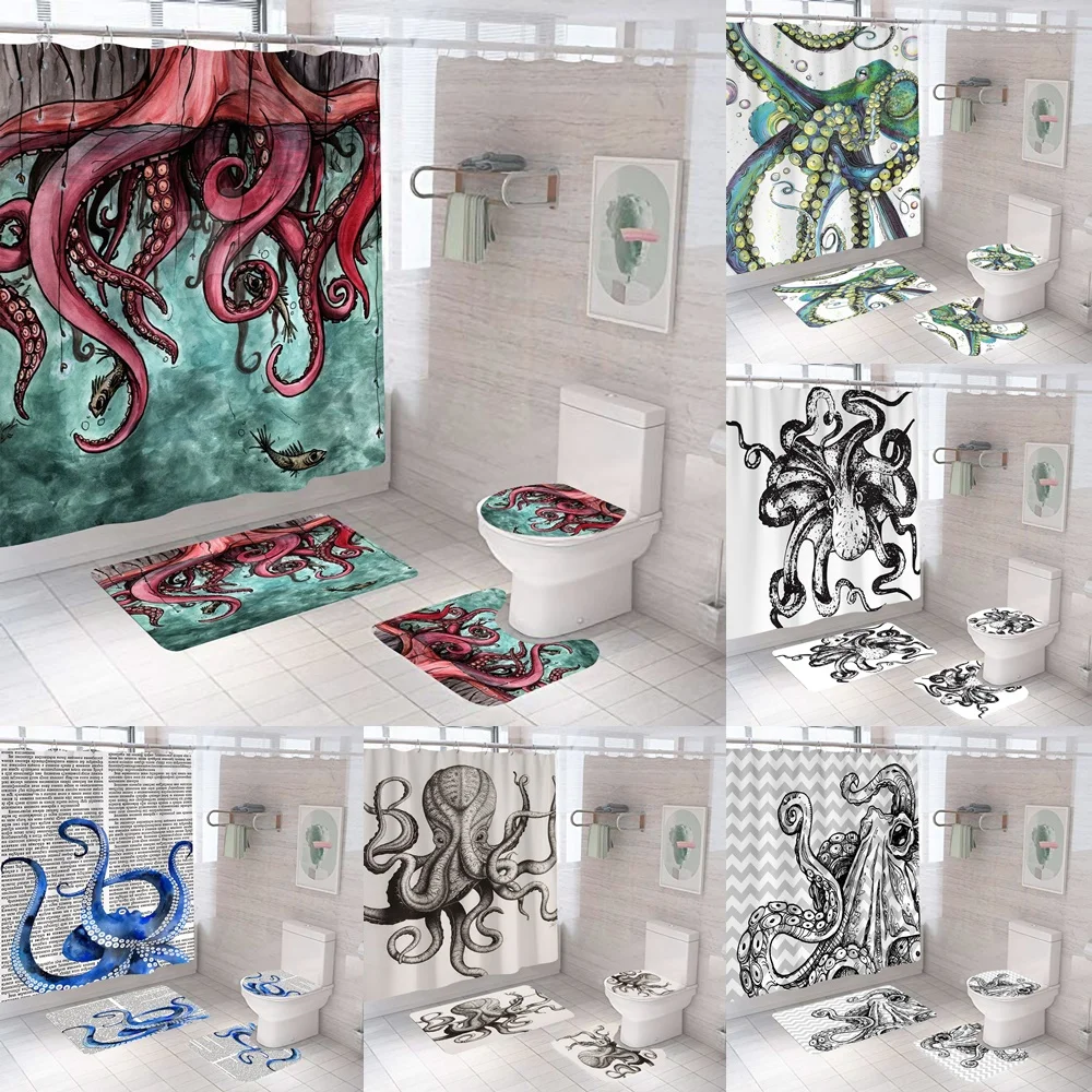 

Octopus Tentacles Shower Curtain Sets Ocean Animal Blue Marine Life Creature Mollusk Bathroom Curtains Bath Mat Rug Toilet Cover