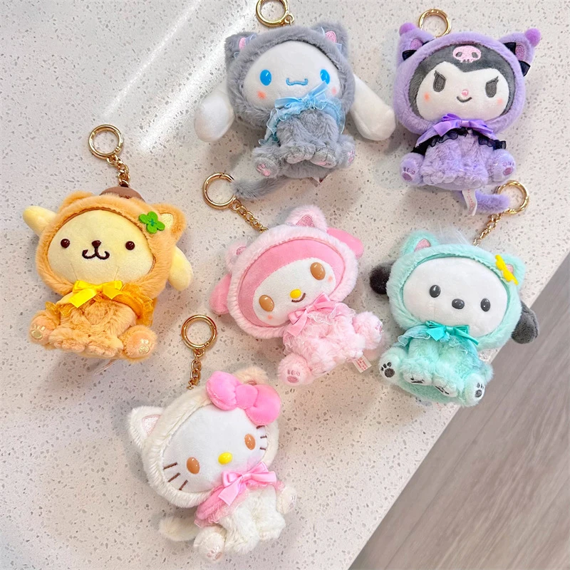 10CM Cartoon Sanrio Plush Keychain Become A Cat Plush Keychain Cinnamoroll Sanrio Anime Kawaii Doll Juguetes Para Ni&ntilde;as plush keychain key chain