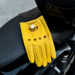 Men's Premium Goatskin Leather Gloves - Spring & Autumn Casual Breathable Driving Wear - M (YELLOW)