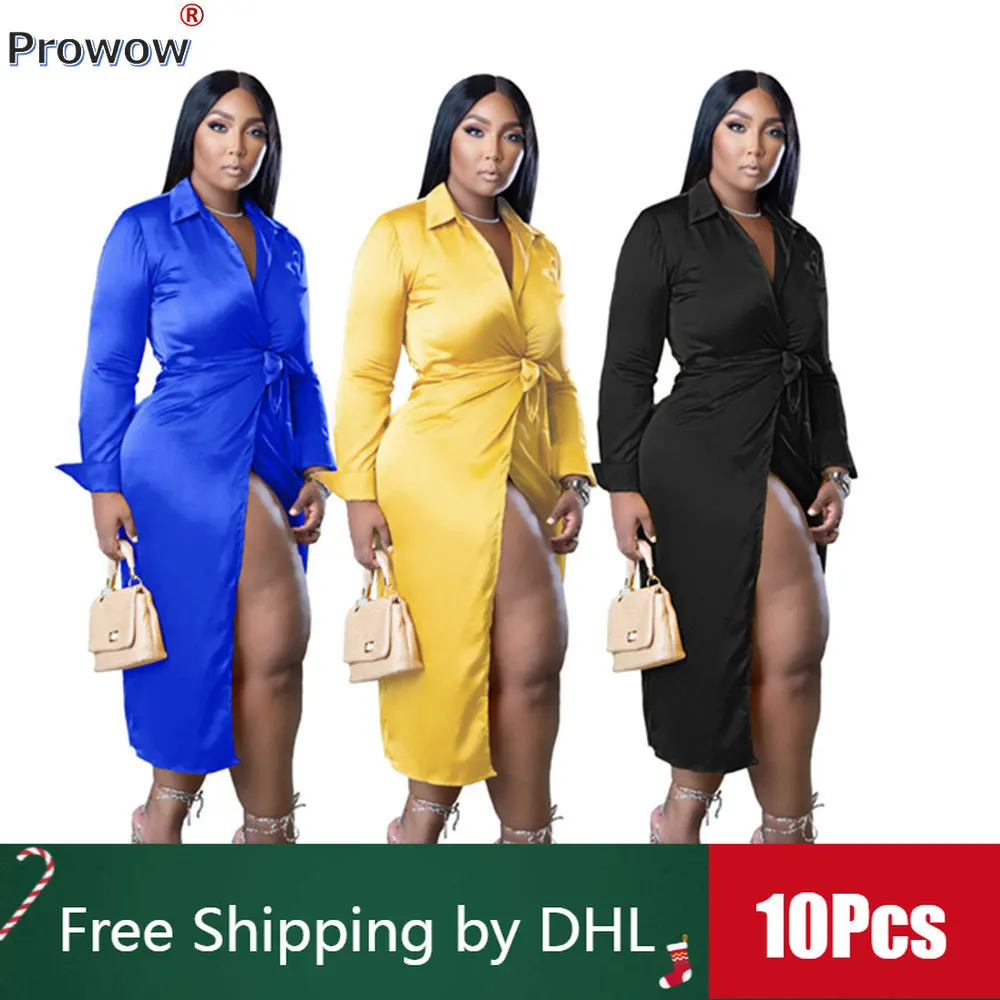 

10 Pcs Bulk Elegant Midi Dresses Robe Fall Y2k Vintage Silk Split Dress Solid Women Clothing Polo Neck Waist Tie Wholesale 8368