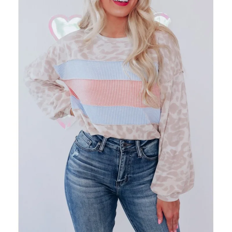 Female Clothing Spring Autumn Women's New Contrast Color Sweater Casual Fashion Leopard Print Long Sleeve Round Neck Tops