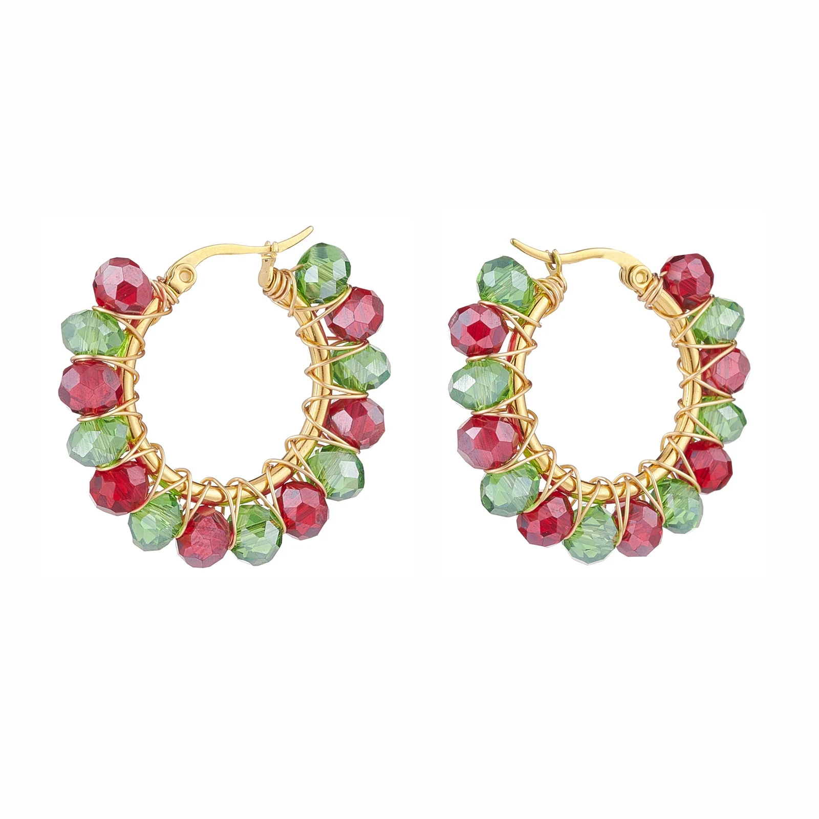 Kissitty 10Pairs Colorful Christmas Glass Braided Big Hoop Earrings Stainless Steel Wire Wrap Jewelry for Women Gift