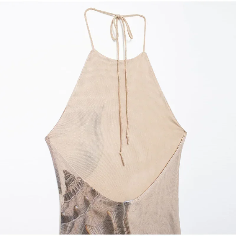 Vestidos largos de tul con espalda descubierta y estampados para mujer, vestidos de fiesta sin mangas con cuello halter y cordones, moda 2025, batas ajustadas para vacaciones en la playa.