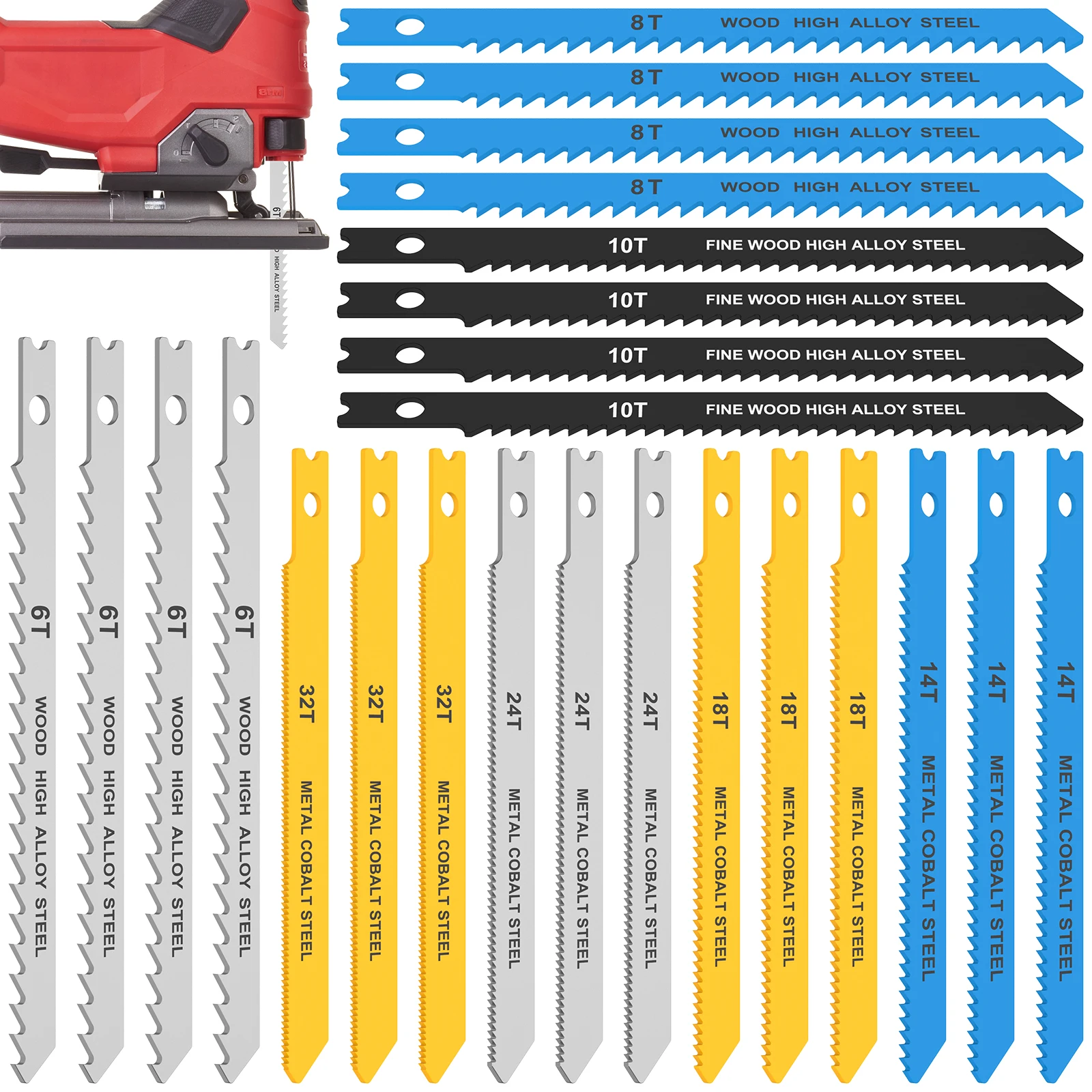 Jig Saw Blade Set 24Pc HCS Assorted Saw Blades U-shank Sharp Fast Cut Down Professional Jigsaw Blade Woodworking Tool jig saw blades