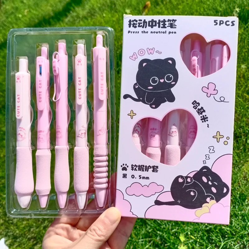

5pcs Kawaii Gel Pens Quick-Drying Black Ink Soft Pen Grip Stationery Supplies Aesthetic Pens School Items Office Accessories