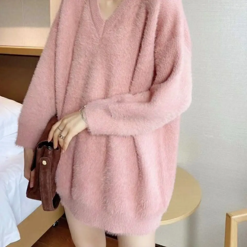 

pink top winter clothes women clothing 2023 new arrivals v-neck pullovers long sleeve vintage sweater knitwears korean fashion