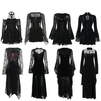 Halloween Gothic Grunge Punk Women Dress Long Sleeve Lace Slim Black Dresses 2026 New Y2K Harajuku Lolita Fairy Core Party Dress 1