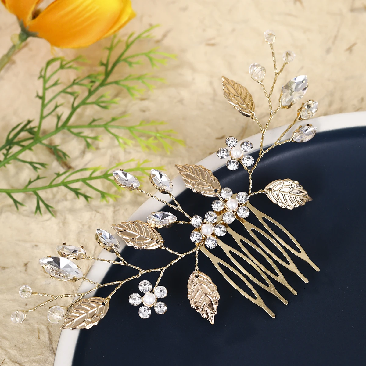 Mode Blatt Kristall Perlen Haar Kamm Perle Blume Täglichen Kopfschmuck Braut Hochzeit Pony Seite Clip Brautjungfer Geschenke – Detail 7