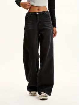 Teenage Girls Black Casual Washed Denim Jeans - Preppy Style Trendy Straight Leg Pants 1