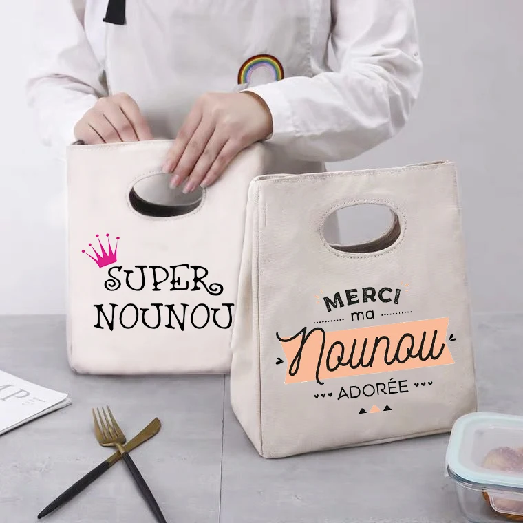 

Merci Nounou Functional Cooler Lunch Box Portable Insulated Canvas Lunch Bags Thermal School Food Storage Pouches Nounou Gifts