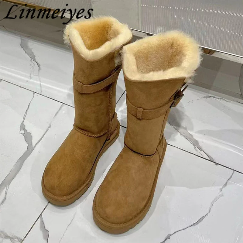 

Winter Cow Suede Snow Boots Woman Round Toe Slip-On Flat Wool Warm Mid-Calf Boots Female Belt Buckle Motorcycle Boots Women