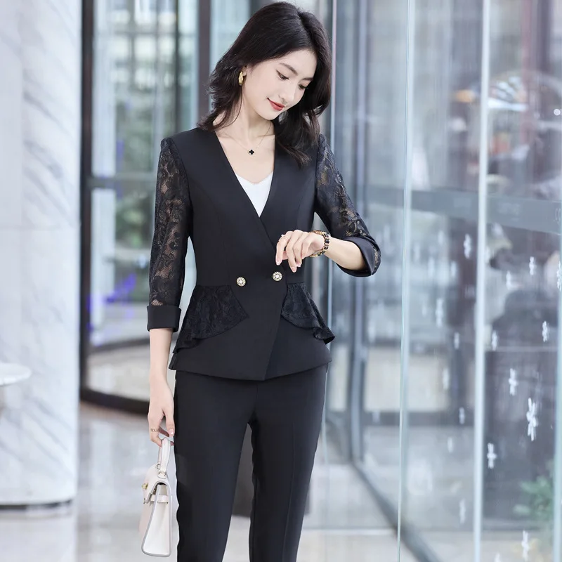 Fashion Lace Business Suits Women OL Styles Work Wear Spring Summer Ladies Office Professional Blazers Trousers Set Pantsuits