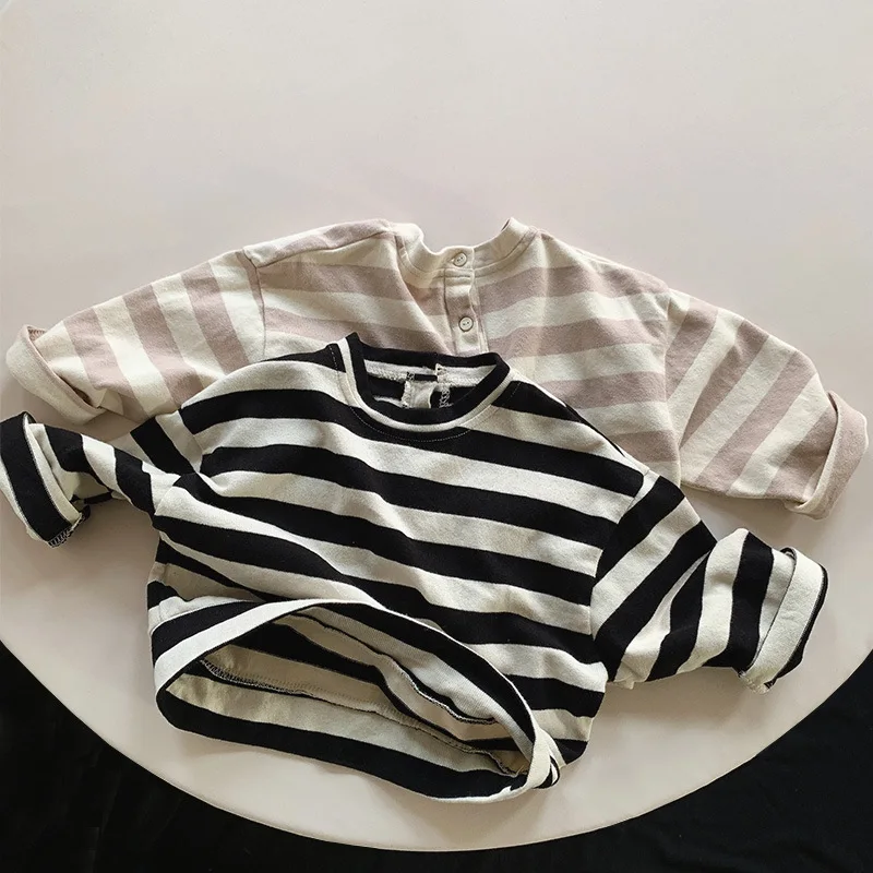 Korean Style 1-6Yrs Kids T-shirt Stripe Cotton Long Sleeve T-shirt Baby Girls Boys Pullover Tops Spring Autumn Children Clothing