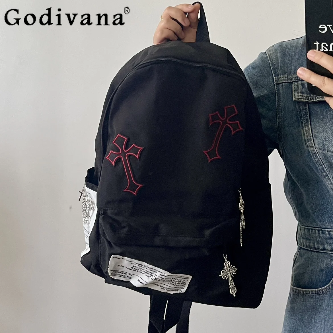 Fashion Personality Y2k Men and Women Black Backpack Large Capacity Leisure Commute Student Schoolbag Shoulder Bags