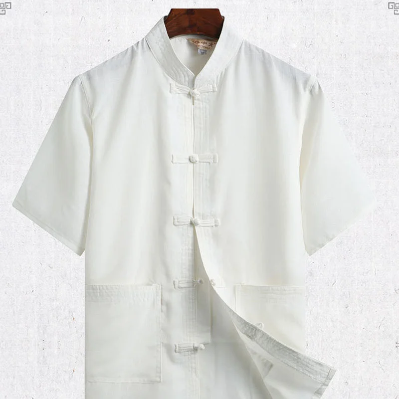 Chinese Men Hanfu Top Chinese Tang Suit Short-Sleeved Suit Men's Hanfu Kung Fu Shirt Tai Chi Solid Color Cotton Linen Layman's Clothing Summer Linen