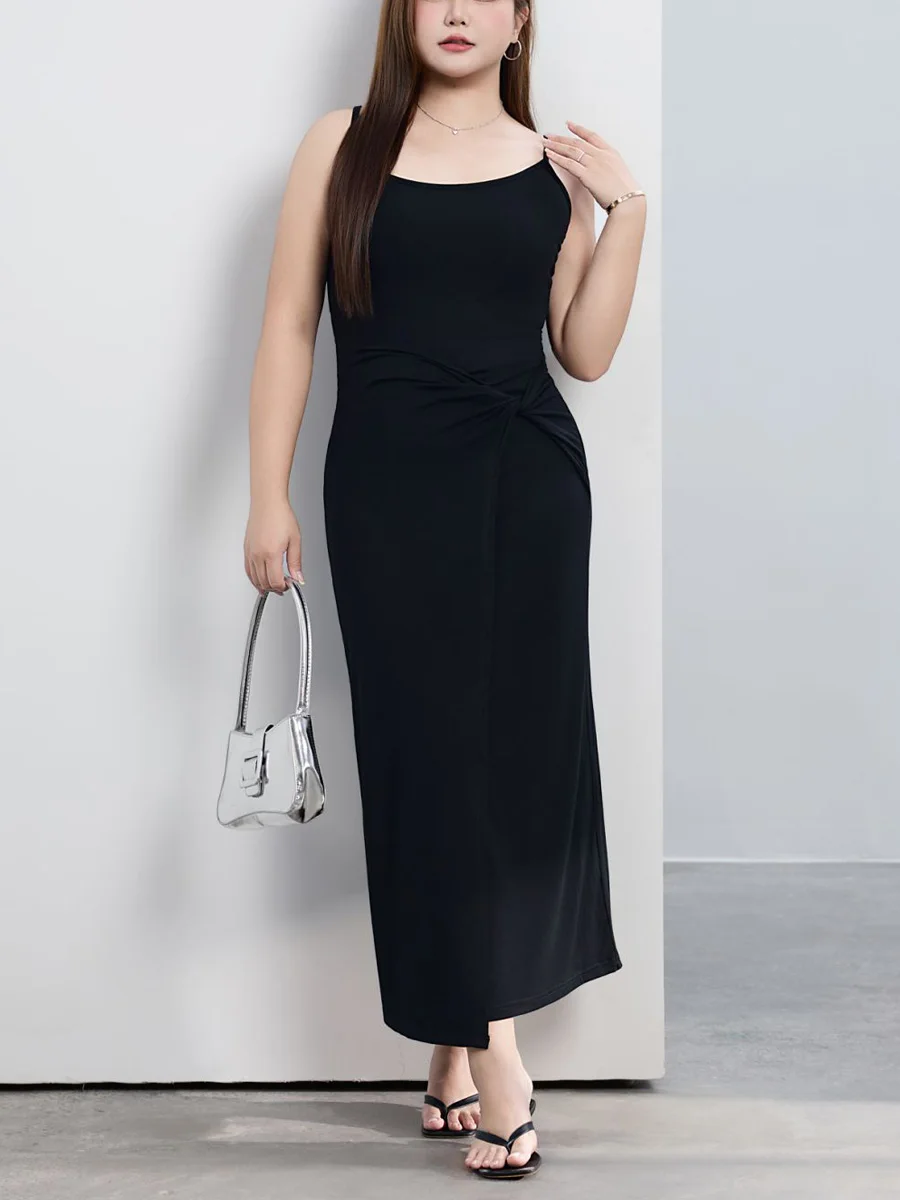 Plus Size French Hot Girl Twisted Knot Waist Slim Sexy Premium Knitted Front Slit Design Spaghetti Strap Dresses For Women