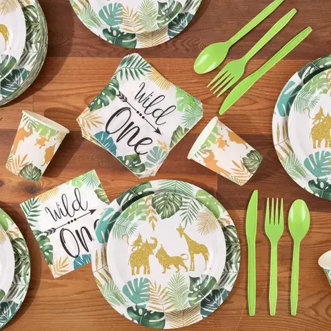 

Wild One Disposable Tableware Jungle Birthday Party Supplies FENGRISE 1st Birthday Party Decor Kids Safari Party Baby Shower