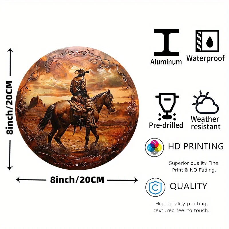 Rundes Wand schild aus Aluminium, wasserdicht, vor gebohrt, HD-Druck, strukturierter Touch, Cowboy im Wilden Westen, 8x8 Zoll, 1 Stck – Detail 8