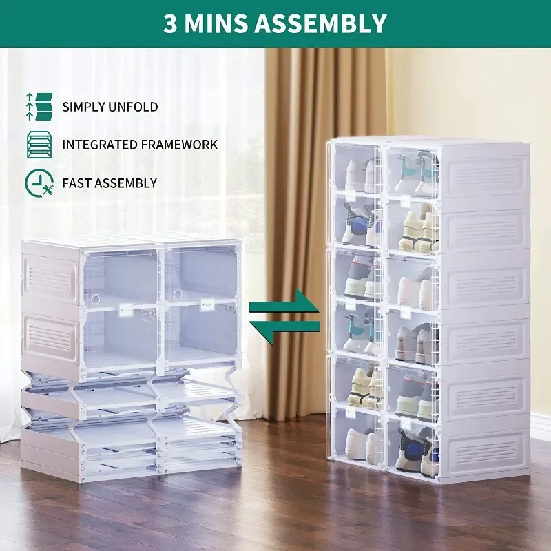 YITAHOME Shoe Storage Organizer, Installation-Free Shoe Box with Doors, 2-16 Grid Stackable Transparent Folding Shoe Cabinet for Hallway, Living Room