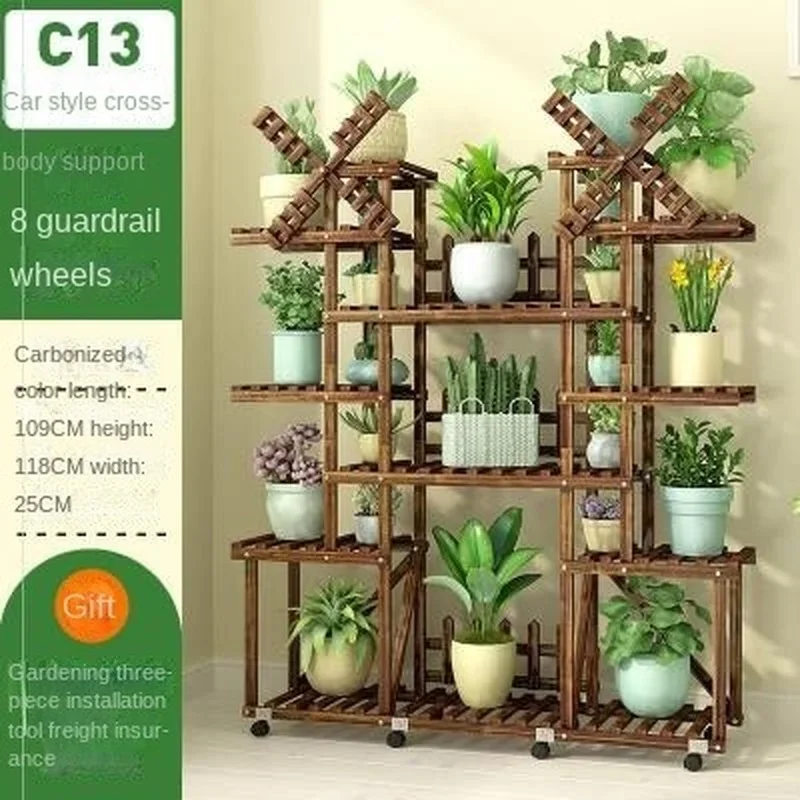 Multistorey Indoor Flower Shelf Balcony Wrought Iron Living Room Solid Wood Floor Plant Pot Rack Special Racks