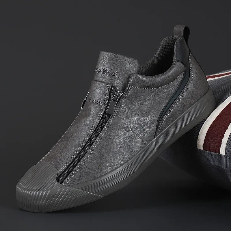 2024 New Autumn Men's Trendy Sports Shoes Leather Soft Sole High Top Men's Shoes One Step Zipper Leather Shoes Size 38-44 4