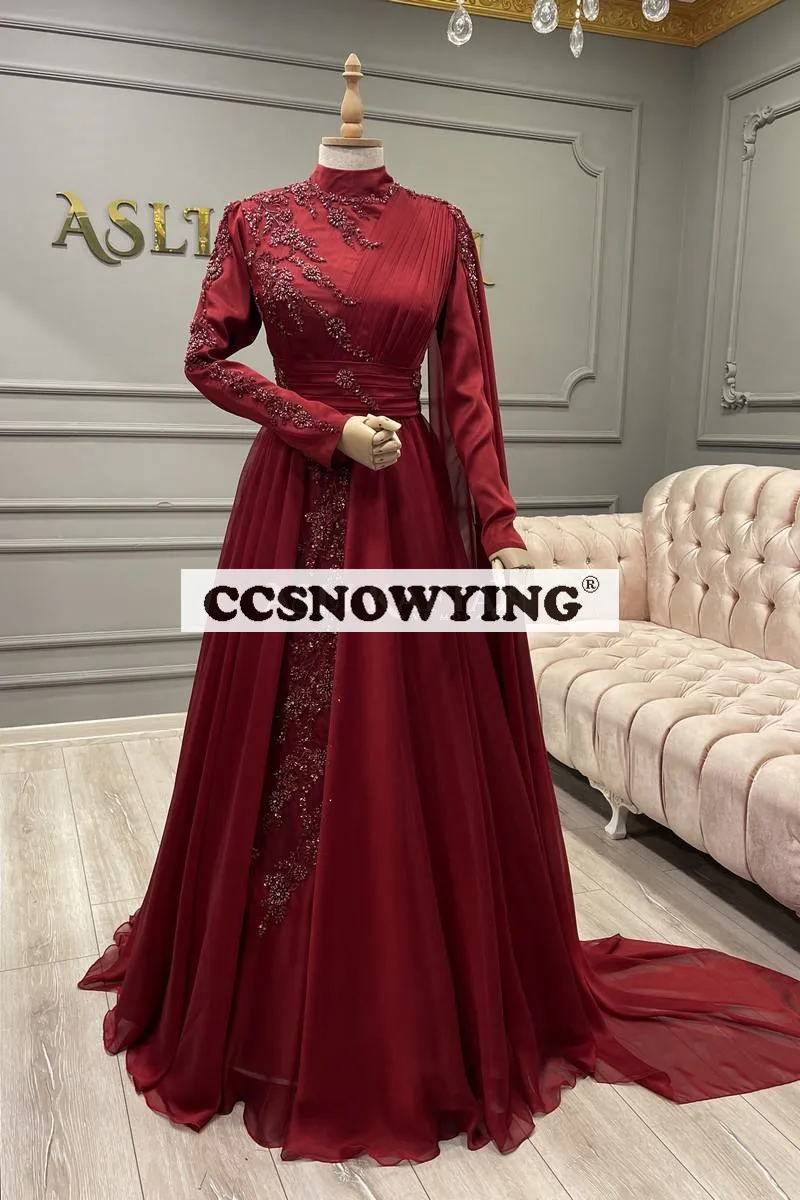 

Burgundy Red Long Sleeve Muslim Evening Dresses Islamic Hijab Appliques Formal Party Gown Women Arabic Kaftan Robe De Soiree